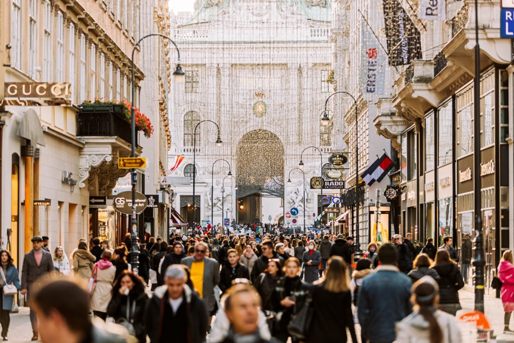 Vienna street lined with luxury shops and luxury hospitality venues